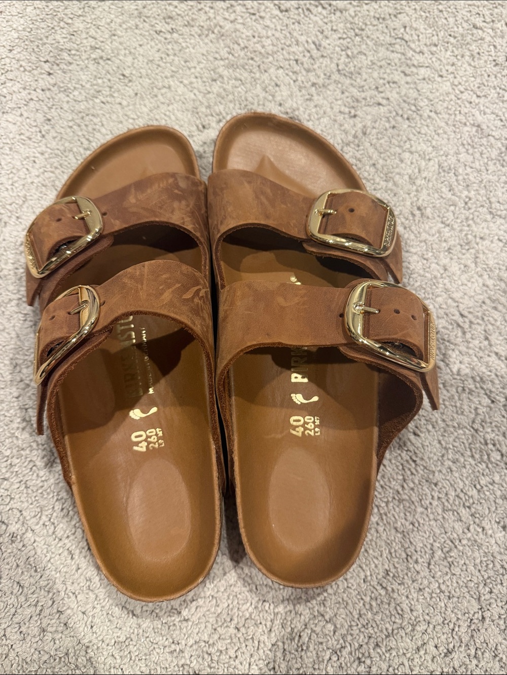 NEVER WORN! Birkenstock Two-Buckle Slide Sandals Brown suede and gold hardware